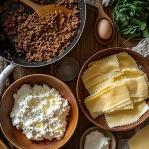"Flat lay of ingredients for lasagna roll ups including lasagna noodles, ricotta cheese, ground meat, fresh spinach, garlic, eggs, and salt on a wooden surface."