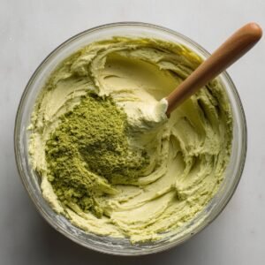 Bowl of cookie dough with matcha powder being mixed in.