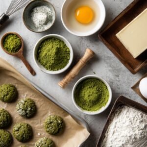 Overhead view of matcha cookie ingredients: flour, eggs, butter, sugar, and matcha powder on a counter.