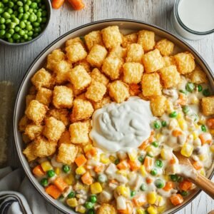 A round dish being assembled with tater tots on one side and creamy vegetable filling with peas, carrots, and corn on the other, topped with cream of mushroom soup.