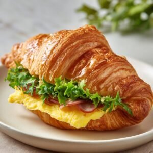 Golden croissant sandwich with scrambled egg, ham, and fresh lettuce on a plate, ready to serve.