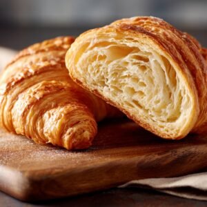 Freshly baked croissant on a wooden board, cut in half to show its flaky layers inside.