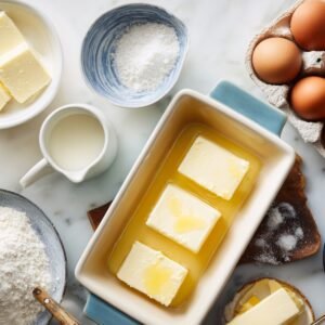Baking ingredients for biscuits including butter, flour, sugar, milk, and eggs arranged neatly on a kitchen counter.