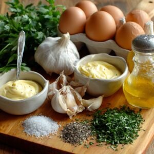 A wooden board topped with garlic bulbs, fresh parsley, eggs, olive oil, salt, pepper, and bowls of freshly made garlic aioli, showcasing the ingredients needed for the recipe.