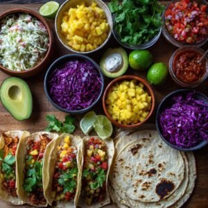 A colorful taco spread with tortillas, shredded cabbage, diced pineapple, salsa, avocado, cilantro, limes, and assembled tacos filled with shrimp and toppings.