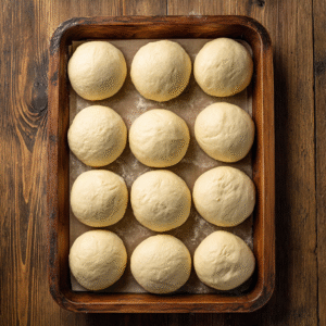 "Twelve evenly shaped dough balls arranged in a wooden baking tray, ready for the final rise before baking into bread rolls."