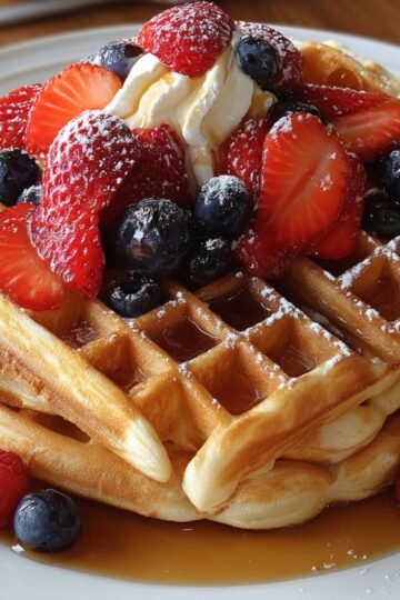 A plate of stacked Belgian waffles Recipe topped with strawberries, blueberries, raspberries, whipped cream, and powdered sugar, with syrup drizzling over the sides.