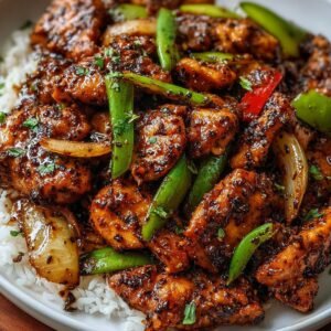 A finished dish of Black Pepper Chicken served over white rice, garnished with green onions and peppers. The sauce is dark and glossy, giving the dish a savory and flavorful appearance.