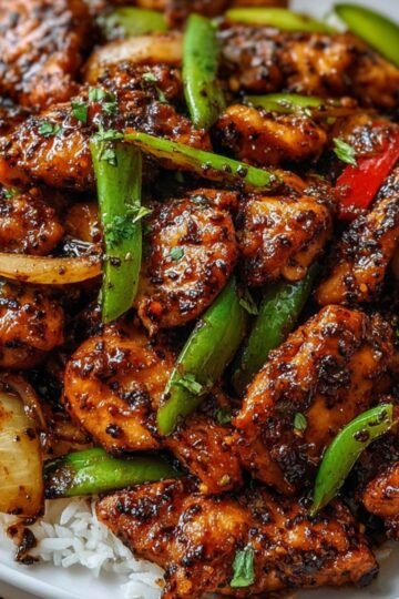 A finished dish of Black Pepper Chicken served over white rice, garnished with green onions and peppers. The sauce is dark and glossy, giving the dish a savory and flavorful appearance.