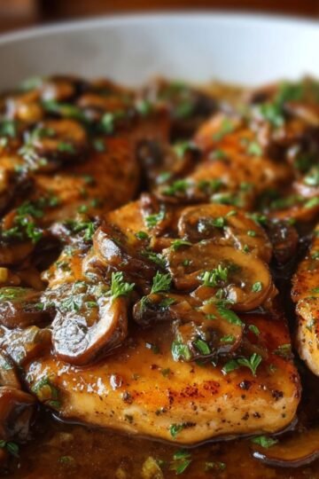 A finished dish of Chicken Marsala Recipe, featuring tender chicken breasts topped with a rich mushroom sauce, garnished with fresh parsley.