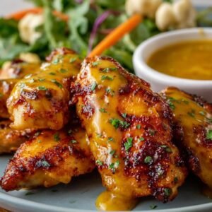 Honey Mustard Chicken Recipe A plate of golden, grilled chicken tenders glazed with honey mustard sauce and garnished with parsley, served with a side of salad.