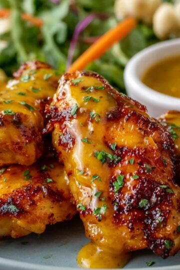 Honey Mustard Chicken Recipe A plate of golden, grilled chicken tenders glazed with honey mustard sauce and garnished with parsley, served with a side of salad.
