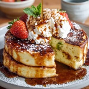 "Stacked homemade Japanese pancake with syrup, whipped cream, and strawberries."