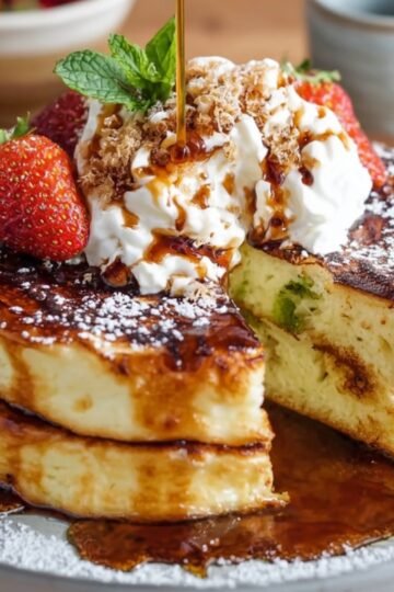 "Stacked homemade Japanese pancake with syrup, whipped cream, and strawberries."