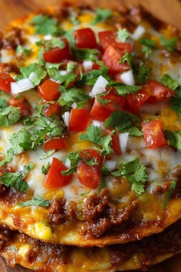 A stack of Mexican Pizza Recipe topped with seasoned ground beef, melted cheese, fresh diced tomatoes, onions, and cilantro.