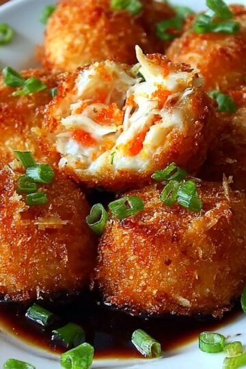 A plate of crispy Rangoon crab bombs, topped with green onion garnishes, with one bomb cut in half to reveal its crab and filling.