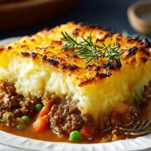A freshly baked Shepherds Pie Recipe with golden mashed potatoes on top, revealing ground beef, peas, and carrots underneath.