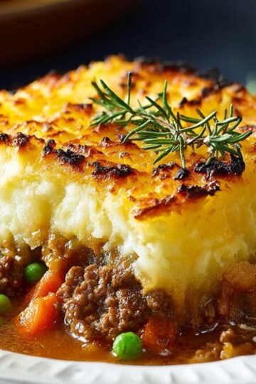 A freshly baked Shepherds Pie Recipe with golden mashed potatoes on top, revealing ground beef, peas, and carrots underneath.