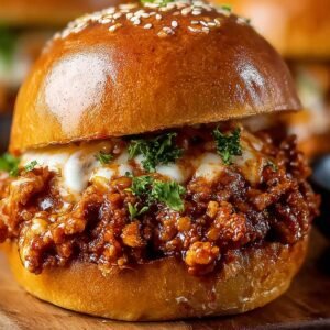 A delicious and freshly prepared Sloppy Joe Recipe sandwich made with a savory filling of seasoned ground beef in a soft sesame seed bun.