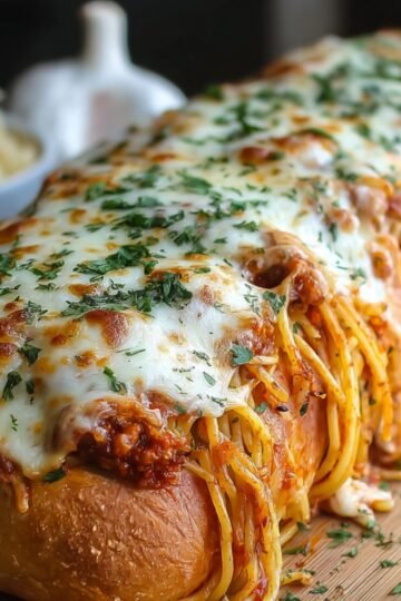 A loaf of homemade Spaghetti Stuffed Garlic Bread, melted cheese, and herbs, fresh from the oven.