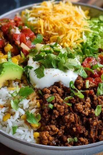 A variety of ingredients laid out for making taco rice bowl, including seasoned ground beef, white rice, shredded cheese, corn, fresh lime wedges, tomatoes, black beans, avocado, cilantro, sour cream, and green onions.