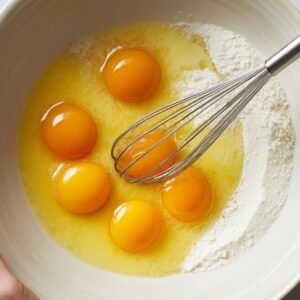 A close-up of eggs, butter, and flour mixed together in a bowl, with the eggs cracked open and the yolks visible, ready to be incorporated into a recipe.