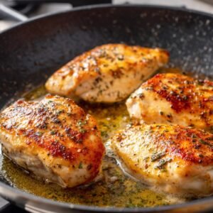 A pan with chicken breasts being cooked, showing a crispy golden brown crust on the chicken in a hot skillet with butter.