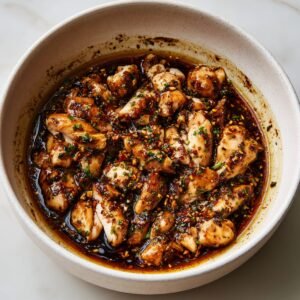 A bowl filled with small pieces of chicken marinating in a dark, flavorful sauce with herbs and spices.