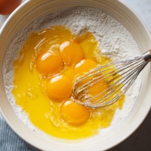 "Egg yolks breaking into a flour mixture for pancake batter."