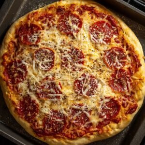 A classic pepperoni pizza topped with sliced pepperoni, mozzarella cheese, and a sprinkle of grated Parmesan, with black pepper seasoning.
