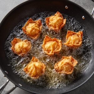 A wok filled with oil and golden, crispy wonton wrappers frying with a stuffed filling, forming crunchy Rangoon crab bombs.