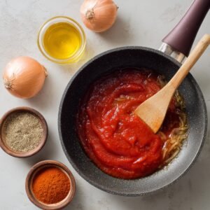 A close-up of a rich tomato-based sauce with fresh herbs, adding a final touch of flavor to a Sloppy Joe preparation.