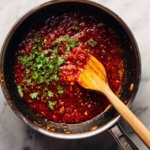 A rich, red tomato sauce simmering in a pot, garnished with freshly chopped cilantro.