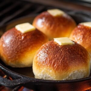 Soft, golden-brown rolls in a cast iron skillet, each topped with a pat of butter melting on top.