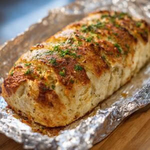 A freshly baked loaf of garlic bread stuffed with spaghetti and covered in melted cheese and garnished with herbs.
