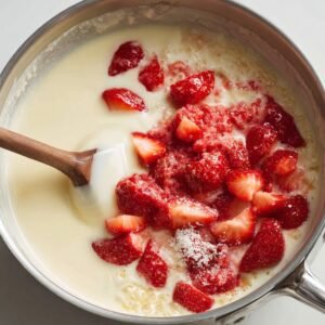 A saucepan with a creamy mixture and fresh strawberries being stirred in, possibly part of the process to make strawberry ice cream.