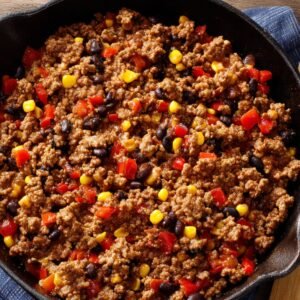 A cast iron skillet filled with seasoned ground beef, corn, black beans, and red bell peppers, sizzling with flavor.