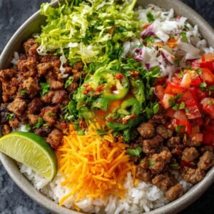 A delicious taco rice bowl with seasoned ground beef, shredded lettuce, tomatoes, chopped onions, avocado, sliced jalapeños, cheddar cheese, and a lime wedge over a bed of white rice.