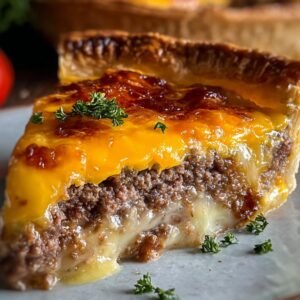 A slice of cheeseburger pie showing a gooey, melted cheese filling with ground beef, topped with a golden layer of cheese and garnished with a sprig of parsley.