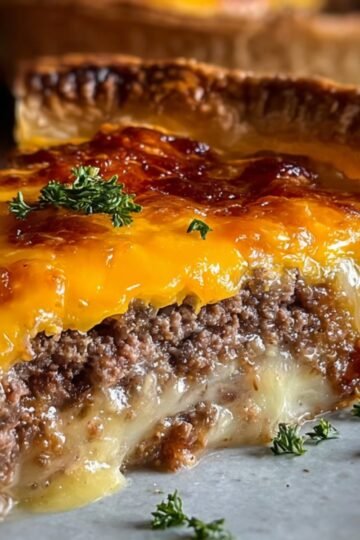 A slice of cheeseburger pie showing a gooey, melted cheese filling with ground beef, topped with a golden layer of cheese and garnished with a sprig of parsley.
