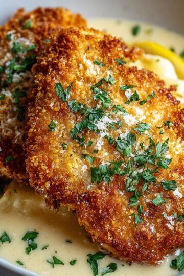 A plate with two crispy, golden pieces of Parmesan Crusted Chicken sitting in a creamy sauce, garnished with parsley.