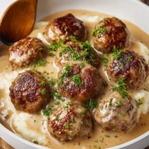"Swedish meatballs served with a creamy gravy over mashed potatoes, garnished with fresh herbs."