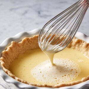 A close-up of a whisk pouring liquid into a pie crust, likely preparing a filling for a savory pie.