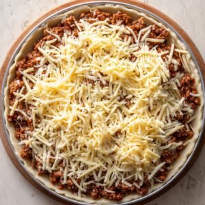 A pie crust filled with seasoned ground beef and topped with shredded cheese, ready to be baked.