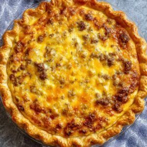 A golden-brown, freshly baked cheeseburger pie with a crispy crust and a savory filling topped with melted cheese and sausage pieces.
