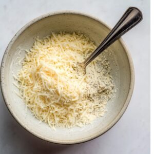 A close-up shot of shredded cheese mixed with some seasoning, resting in a bowl, with a fork for stirring.