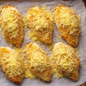 Several breaded chicken breasts topped with a generous layer of grated cheese, ready for baking, placed on a parchment-lined baking sheet.