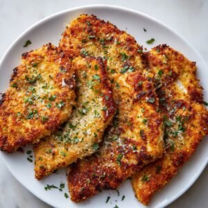 A golden and crispy serving of Parmesan Crusted Chicken, garnished with chopped parsley and shredded Parmesan cheese, presented on a white plate.