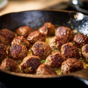 "Swedish meatballs browning in a skillet, with golden crispy edges."
