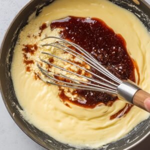 "A close-up of a whisk mixing a creamy sauce with dark syrup in a frying pan."